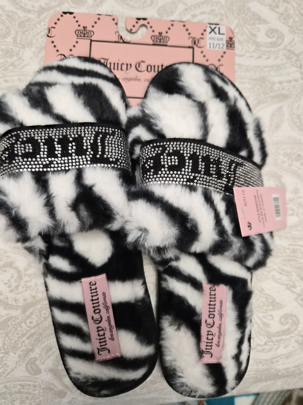 Juicy Couture Black & White Faux Fur Zebra Slide Slippers with Crystal Logo Band